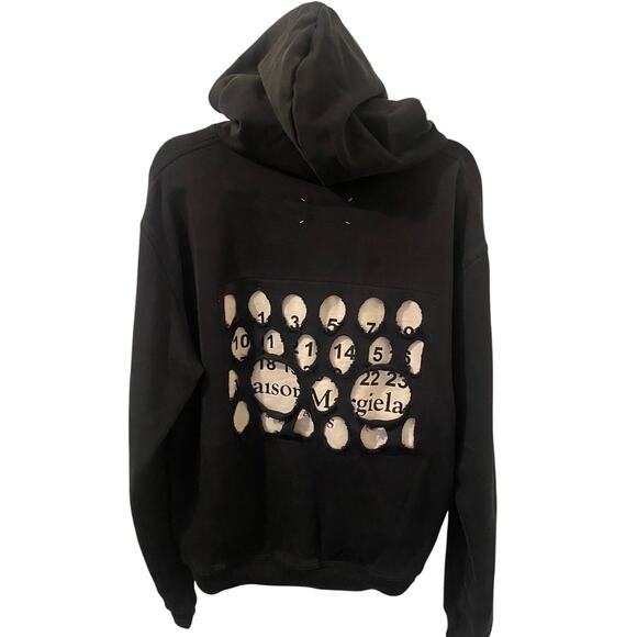 Maison Margiela Hole Punch Distressed Logo Black Pullover Hoodie Sz 40 or Medium